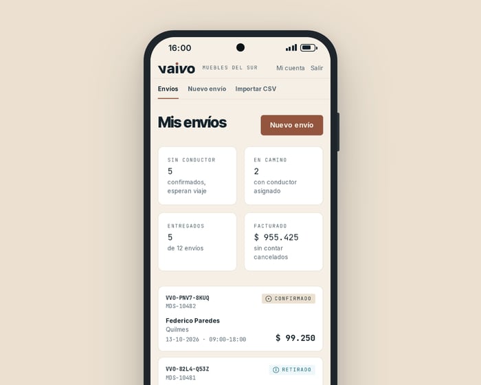 Panel de Vaivo en un celular: Mis envíos con los totales del mes (sin conductor, en camino, entregados, facturado) y las tarjetas de cada envío con su estado y precio.